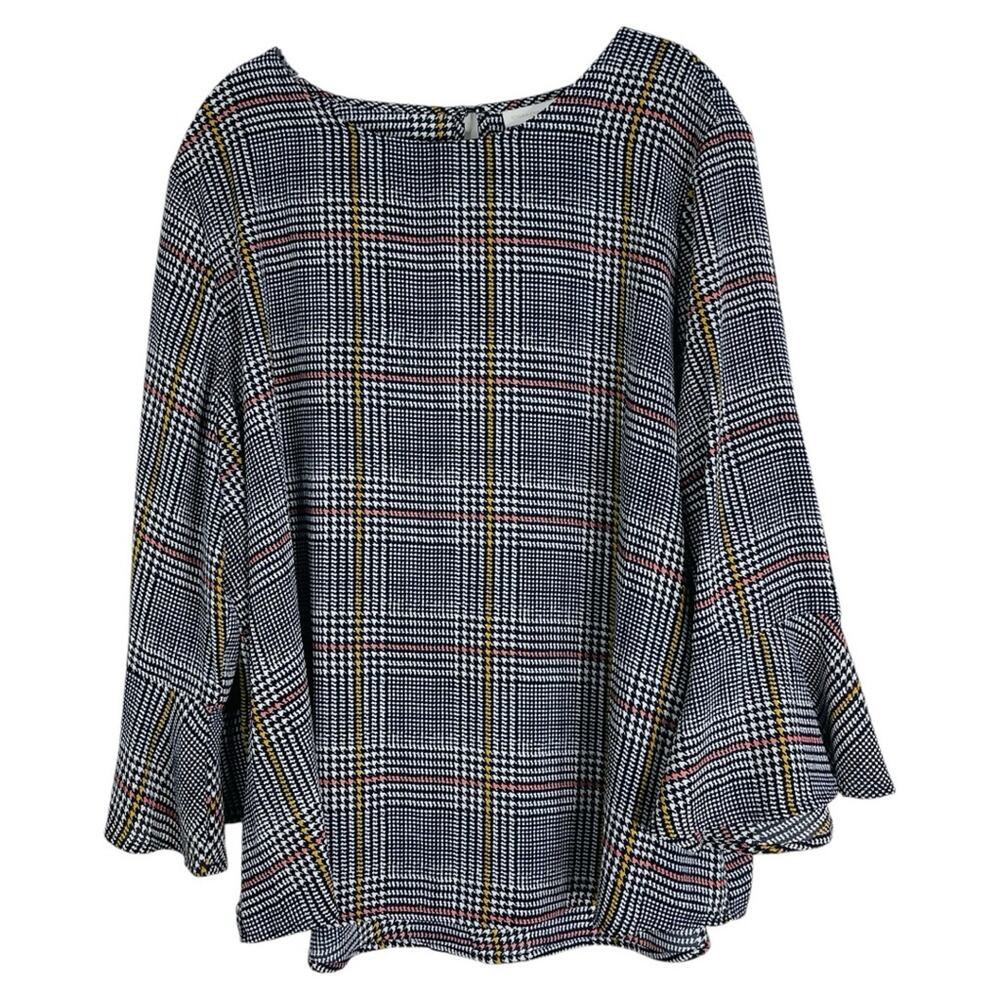 Charter Club black white pink plaid houndstooth chiffon lightweight top XXL